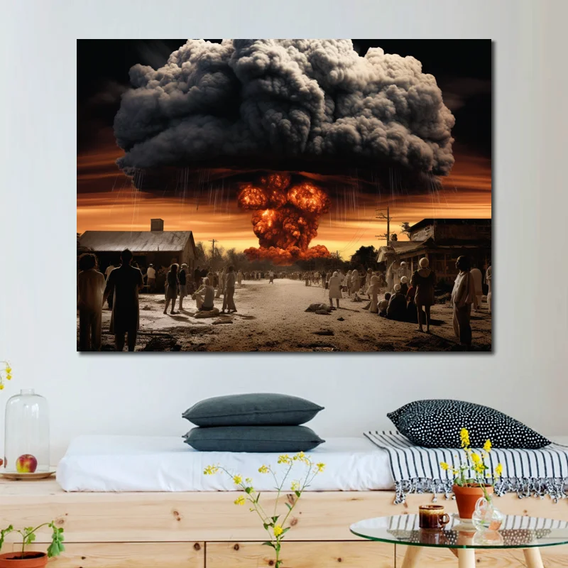 Print Painting End of the World Atomic Bombing Explosion Surreal Picture Post on Canvas for Living Room Wall Decor