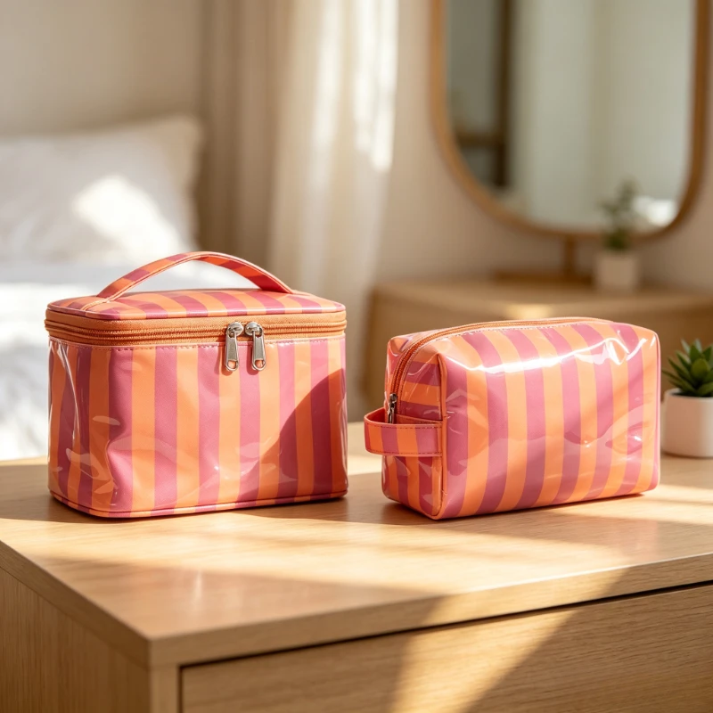 2Pcs Striped Makeup Bag Set, Large Capacity Travel Toiletry Organizer + Portable Pouch, Cosmetic Storage for Desk Commute