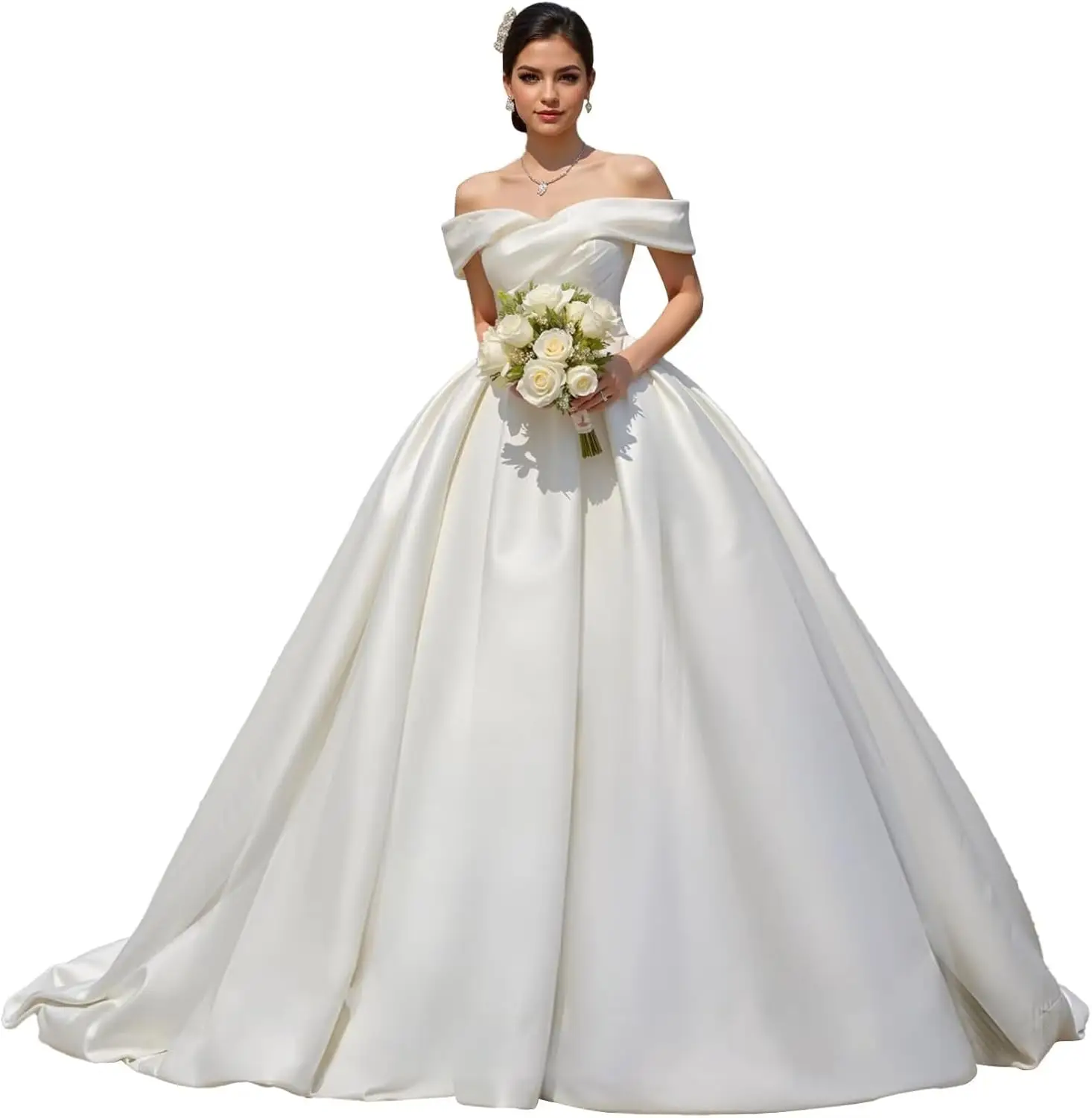 오프숄더 레이스 아플리케 웨딩드레스 스트랩리스 A라인 새틴 시폰 피쉬테일 웨딩드레스 타이트 코르셋, 화려한 웨딩드레스