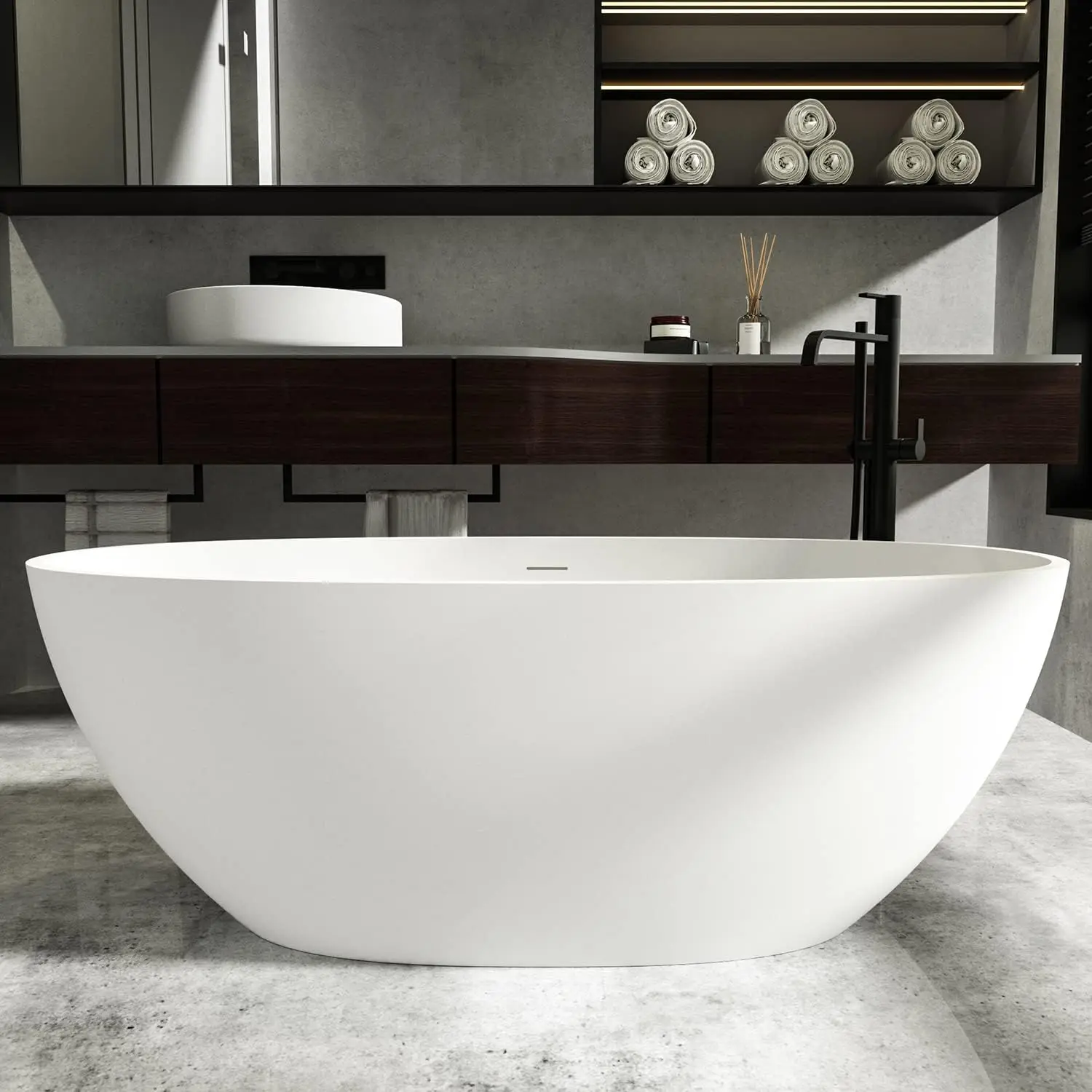 

67" Freestanding Bathtub, Oval Shaped Stone Resin Freestanding Tubs, Solid Surface Matte White Soaking Tub with Overflow and Pop