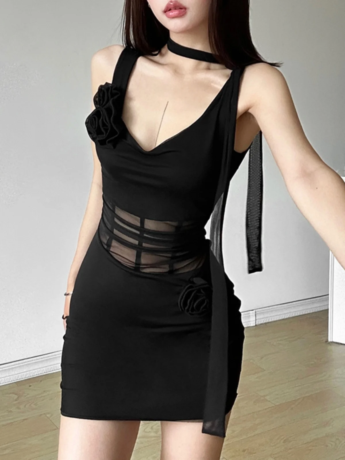 Doce e picante Girl Me Splice Alça de emagrecimento Dr Decoração de flores 3D Saia ortod versátil Street Sle Cintura alta Summ...