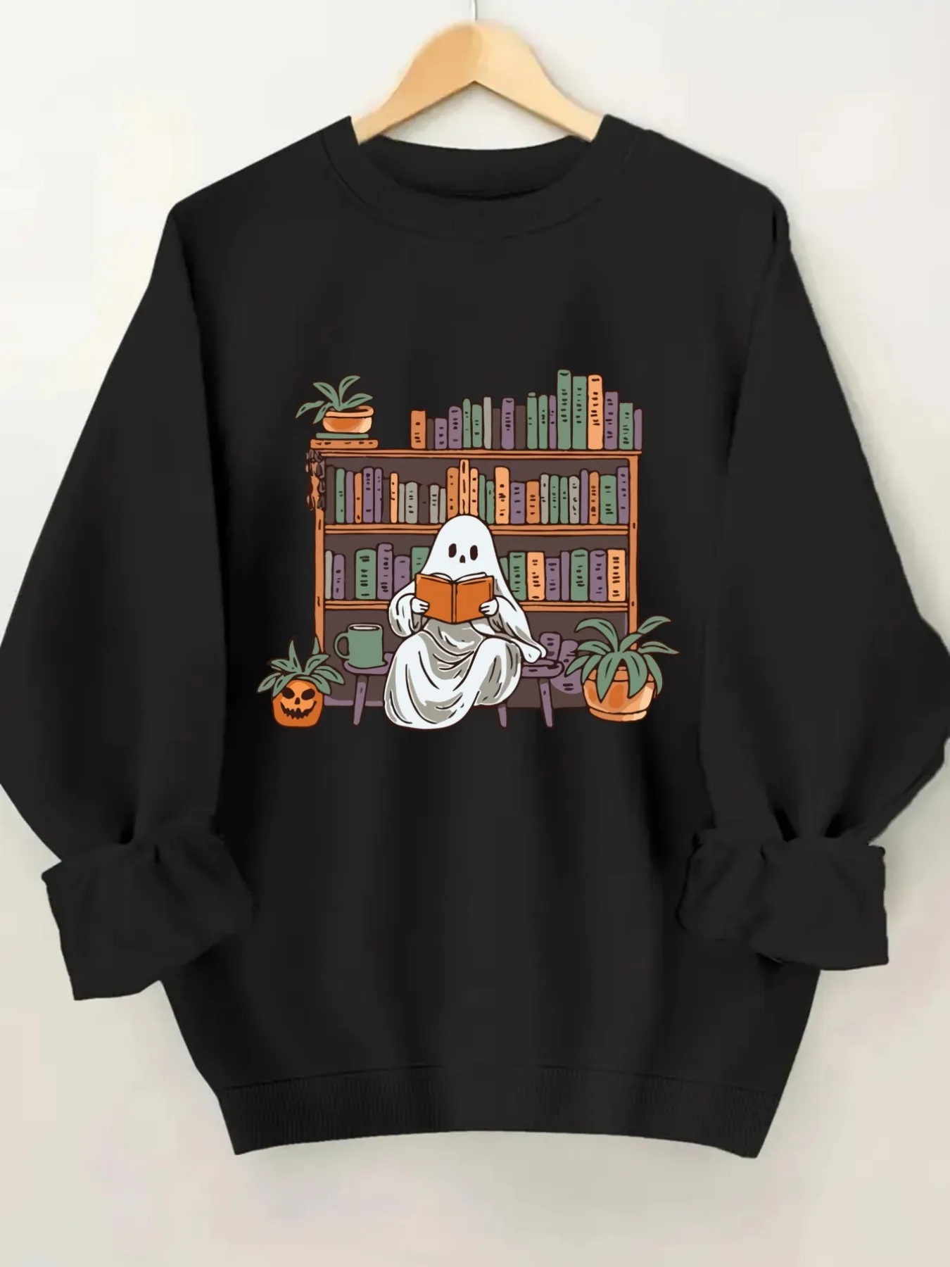 Women's Crewneck Pullover Sweatshirt Ghost Reading Books Design, Soft Casual Long Sleeve, Daily Casual Top Outfit, Winter Women's Clothing, Halloween Costume Outfit