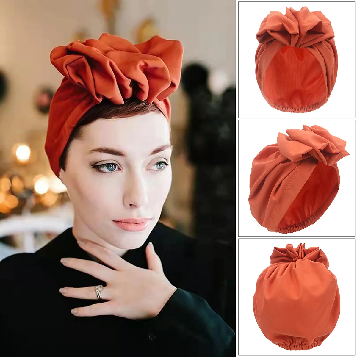 African Head Wraps Elegant Retro Turban for Women Muslim Headscarf Cap Soild Color Ladies Beanies Caps Muslim Headpiece