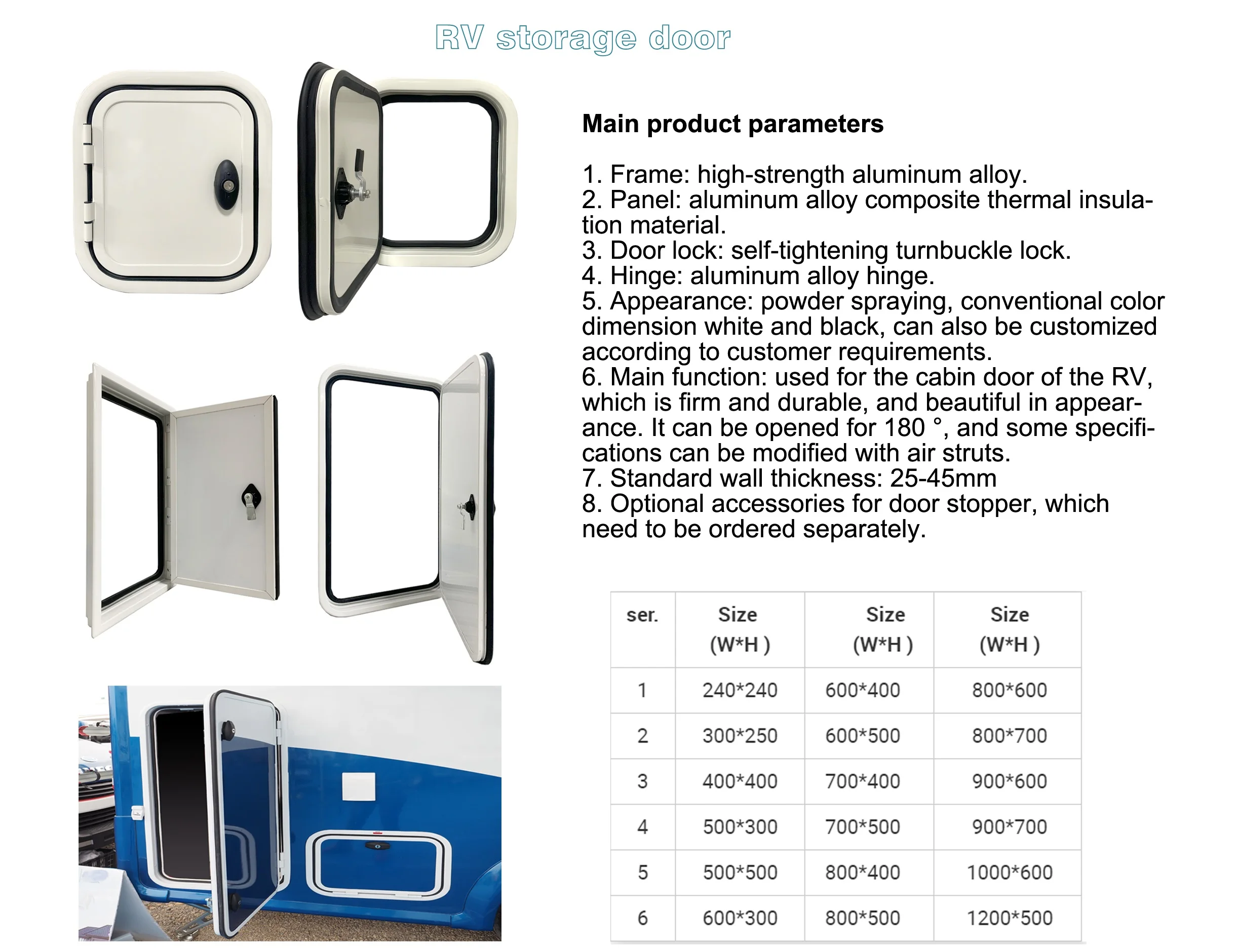 White Aluminum Alloy RV Storage Compartment Door Heavy Duty Square Design Dual Support Bar Safety Lock Ventilation Insulation view 5