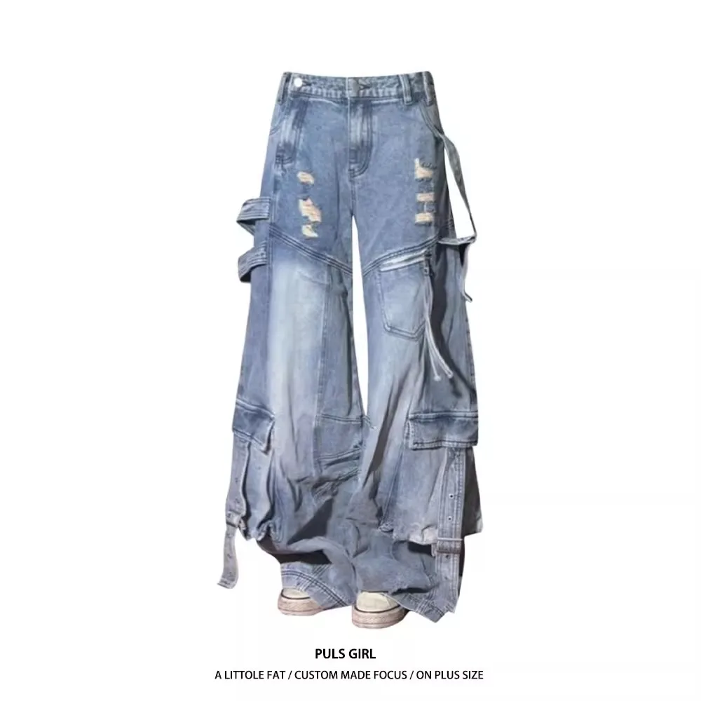 

Men's Autumn Winter Large Size 300 Pou American Waed Multi-ket Workwear Jeans Loose Wide Leg Floor-Length Pants