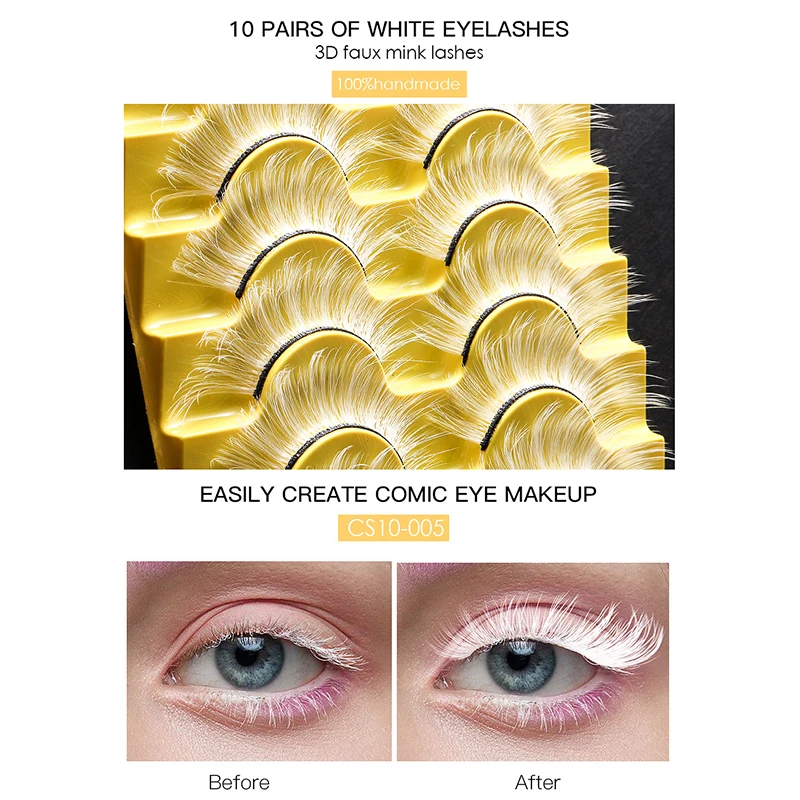 10 Pairs Classy White Cosplay False Eyelashes Fluffy Stage Bottom Makeup Eye Lashes Halloween Festival Synthetic Hair Eyelashes