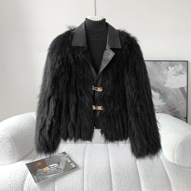 2024 raccoon fur car strip, fur collar, metal buckle, locomotive jacket, women's short casual versatile down liner