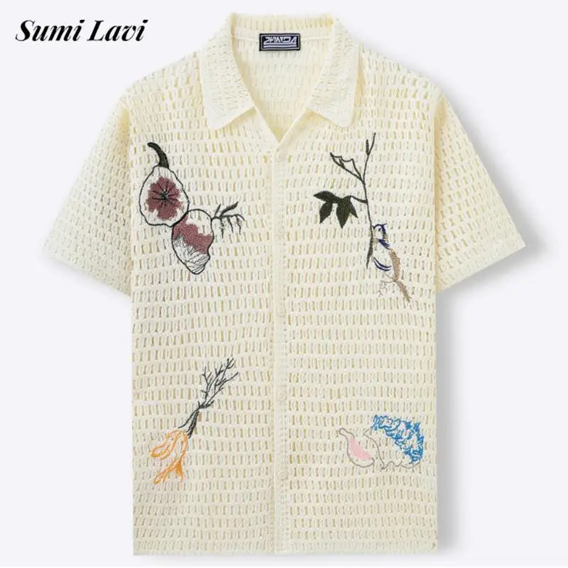 

Classic Men's Knitted Shirts Short Sleeve Hollow Out Crochet Embroidery Knit Cardigan Tops Men Casual Breathable Knitting Shirt