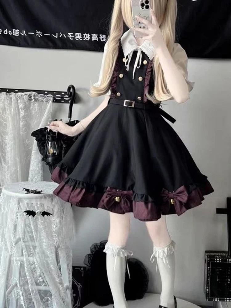 かわいいリボンフリルパッチワークドレスとフレアスリーブロリータブラウスY2k美的日本のかわいいツーピース女性用JKスーツ衣装