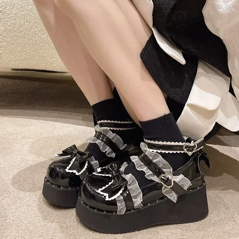 Japanese Kawaii Punk Goth Chunky Platform Pumps Women Bowtie Wedges Mary Jane Lolita Shoes Woman Heart Ankle Buckle Black Shoes