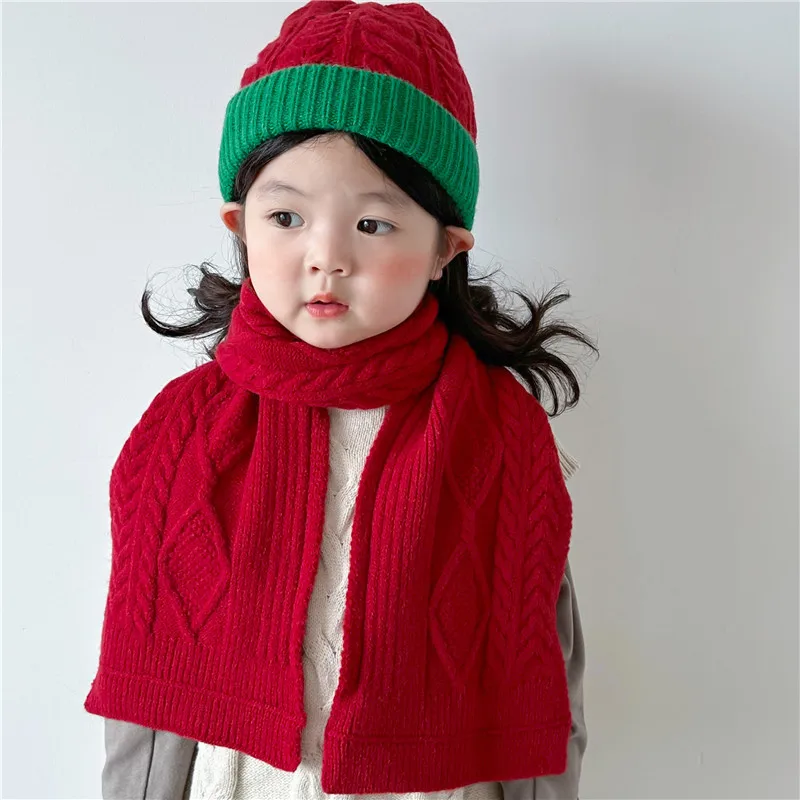 Child Solid Color Hat Scarf Two-piece Set 8 Words Thickened Warm Contrast Woolen Scarves Boys and Girls Twist Hat