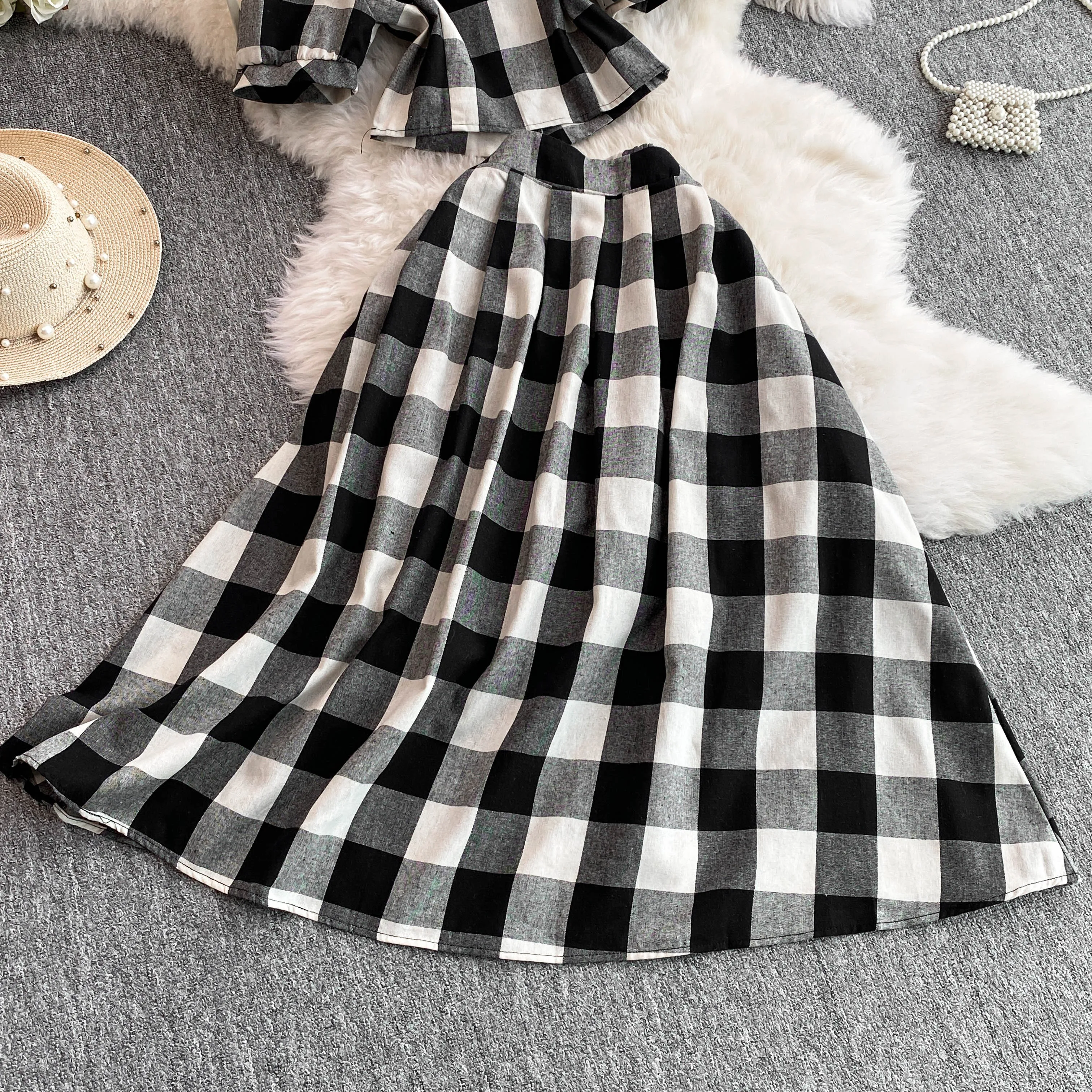 Summer Two Piece Skirt Set Short Sleeved Black And White Shirt Checkered Lattice Dress V Neck Single Breasted Blouse