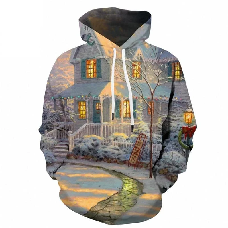 

3D Printed Christmas Gift Hoodies For Men Snowflake Tree Pattern Sweatshirts Casual Hooded Long Sleeve Tops Kids Loose Pullovers