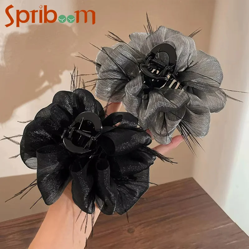 

2024 New Feather Hairpin Woman Large Mesh Black Clip Hair Claws Autumn Winter Hair Accessories Temperament Girls Headdress