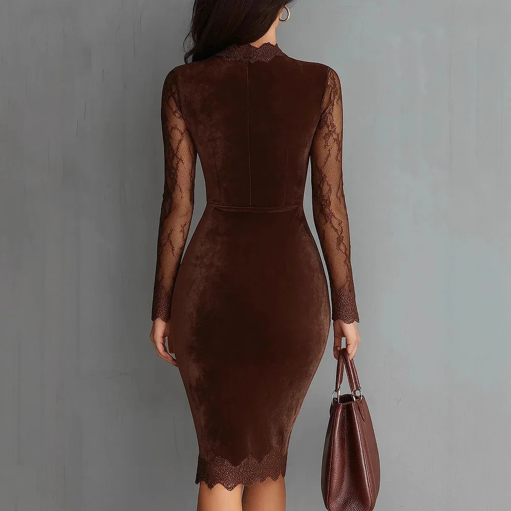 المرأة مثير الدانتيل تقليم شير الجوف خارج فستان ميدي الصلبة خمر كم طويل طاقم الرقبة Bodycon فستان المخملية الساتان فساتين قصيرة #4