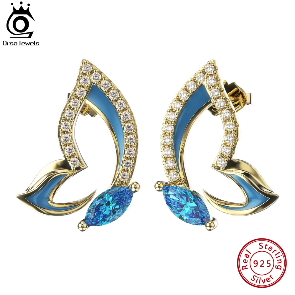 

ORSA JEWELS 925 Sterling Silver Blue Butterfly Earrings for Women Unique Shiny Zirconia Ear Stud Fine Jewelry Gift EQE81