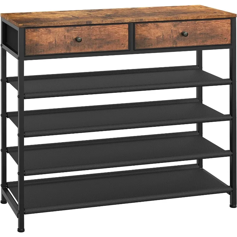 

Полка для обуви, 5-уровневый органайзер для хранения обуви с 2 ящиками, металлическая полка для обуви на 16–20 пар обуви, с 4 тканевыми полками