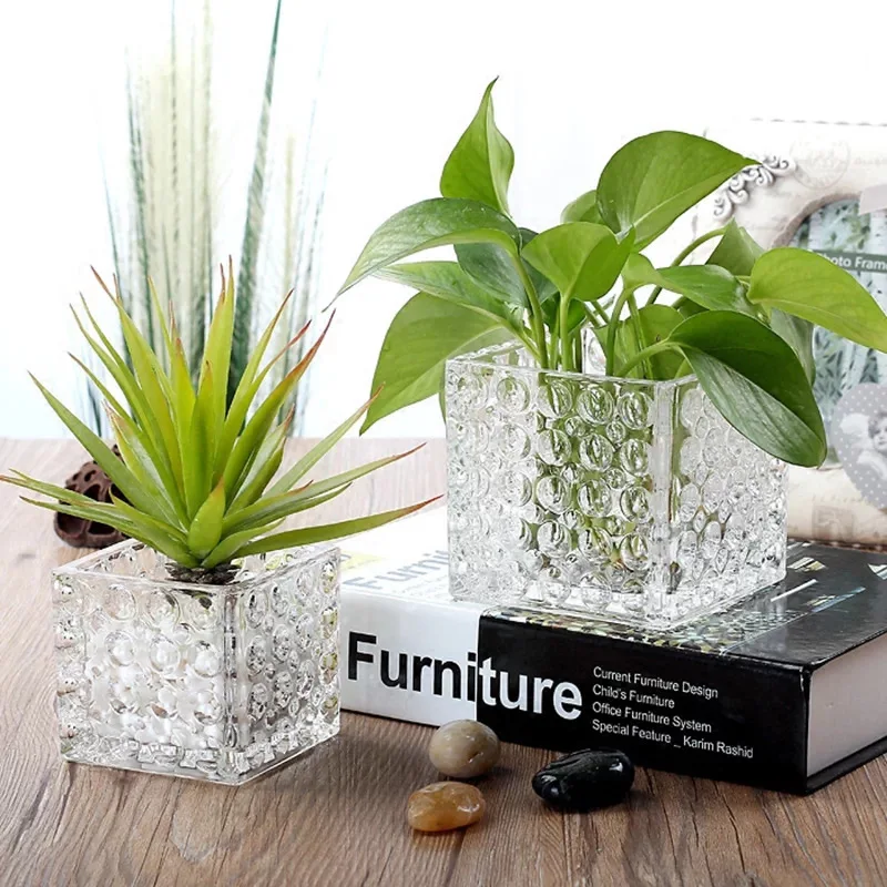 CX transparent glass vase square relief dill flower pot succulent copper coin grass hydroponic green plant ornament