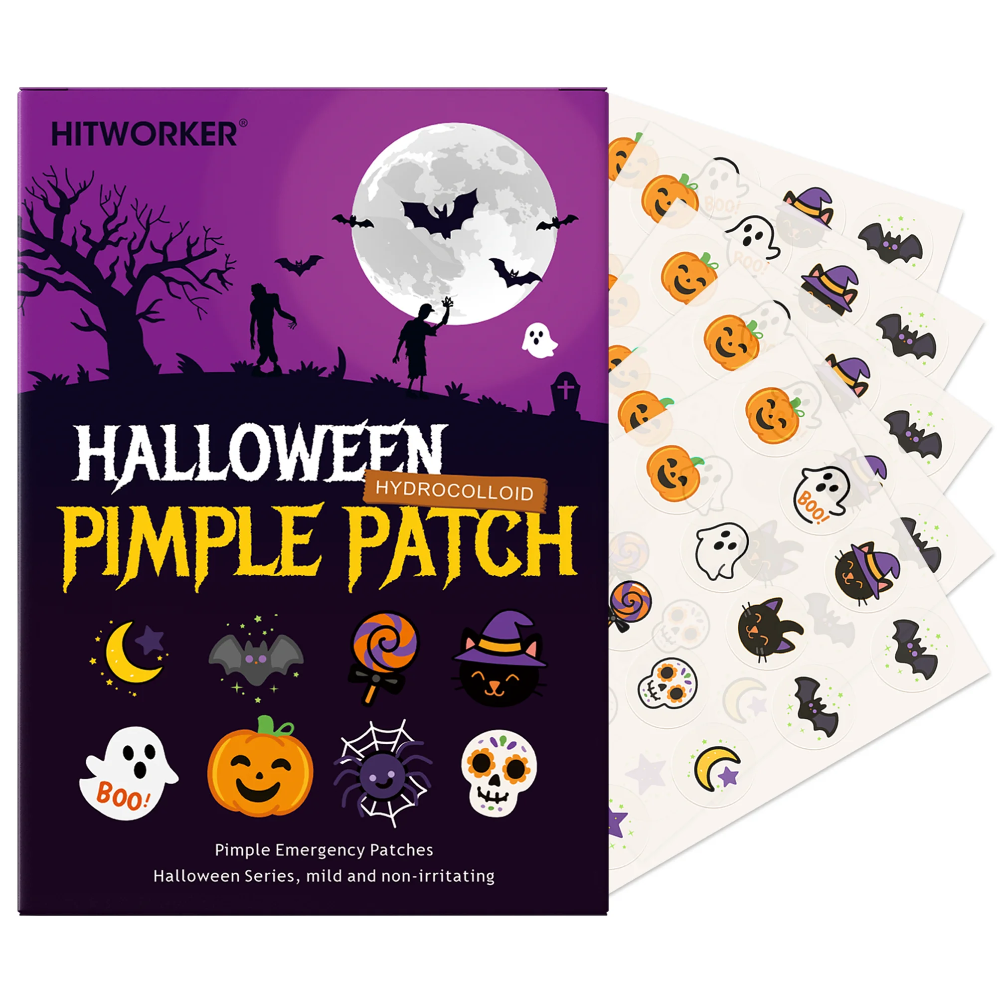 80pcs Halloween Hydrocolloid Pimple Patches for Face, Cute Pumpkin Ghost Bat Blemish Cover Stickers, Cartoon Facial Spot Patches