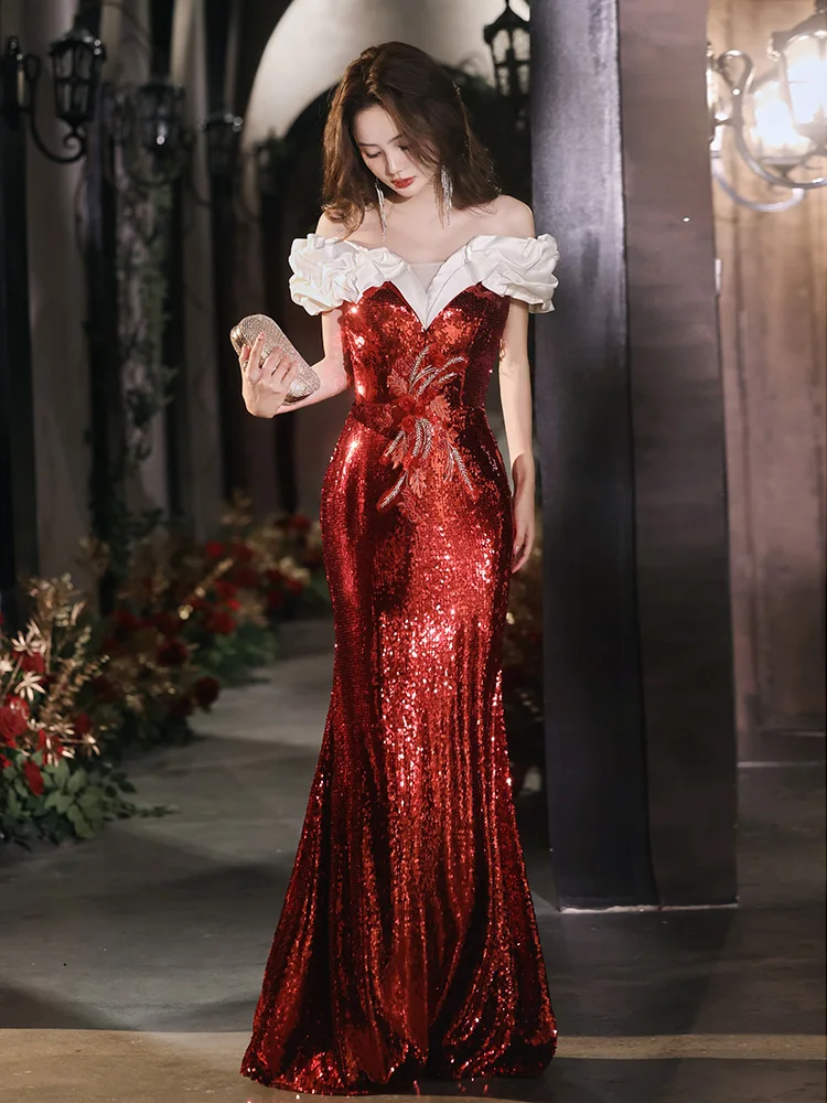 

Red Sequin One oulder Evening Gown Luxury High-End Cusized Host Wedding Toasting Sexy Long Fi Tail Evening Dr