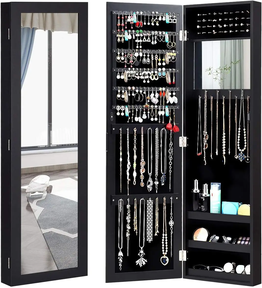 Over The Door Jewelry Armoire Organizer with Large Storage, Makeup Mirror & Velvet Lining (Black)