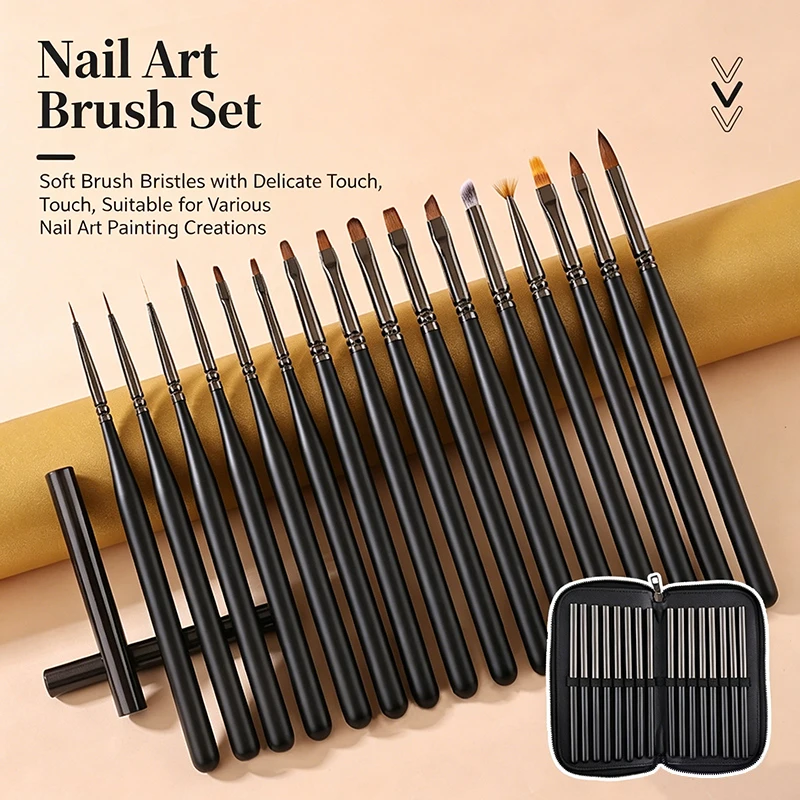 

16Pcs Black Wooden Handle Nail Art Brush Set Soft Bristle With Caps & Leather Bag UV Gel Liner Gradient Flower Manicure Tools