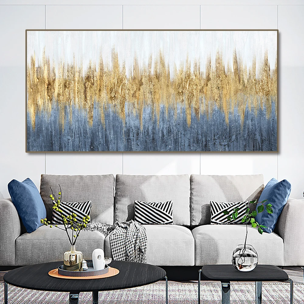 

Hand Painted Abstract Landscape Blue Oil Painting Handmade Original Gold Foil Canvas Art Painting For Modern Living Room Decor