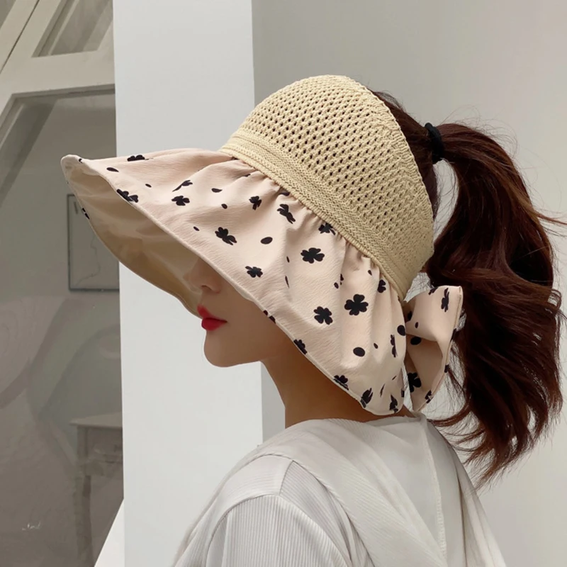 Summer Shell Sunshade Foldable Hats Women Outdoor Beach Soft Wide Brim Bucket Caps UV Protection Dual Use Hair Hoop Sun Hats