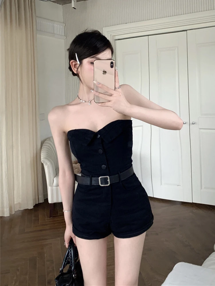 Rompers Women Sleeveless Denim Solid Sashes Elegant Retro Sexy Slim Streetwear Harajuku High Waist Females Chic Fashion Casual