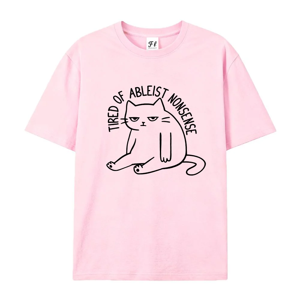 Women Tired Of Ableist Nonsense Cat Print T Shirt Neurodiversity Advocacy Graphic Tee Summer Short Sleeve Top Casual