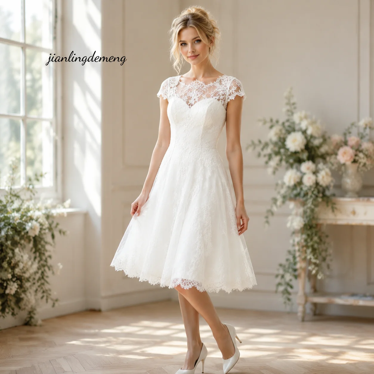 Vintage Lace Wedding Dress Illusion Bateau Cap Sleeve A-Line Bridal Gown Scalloped Knee Length Civil Bride  Customized