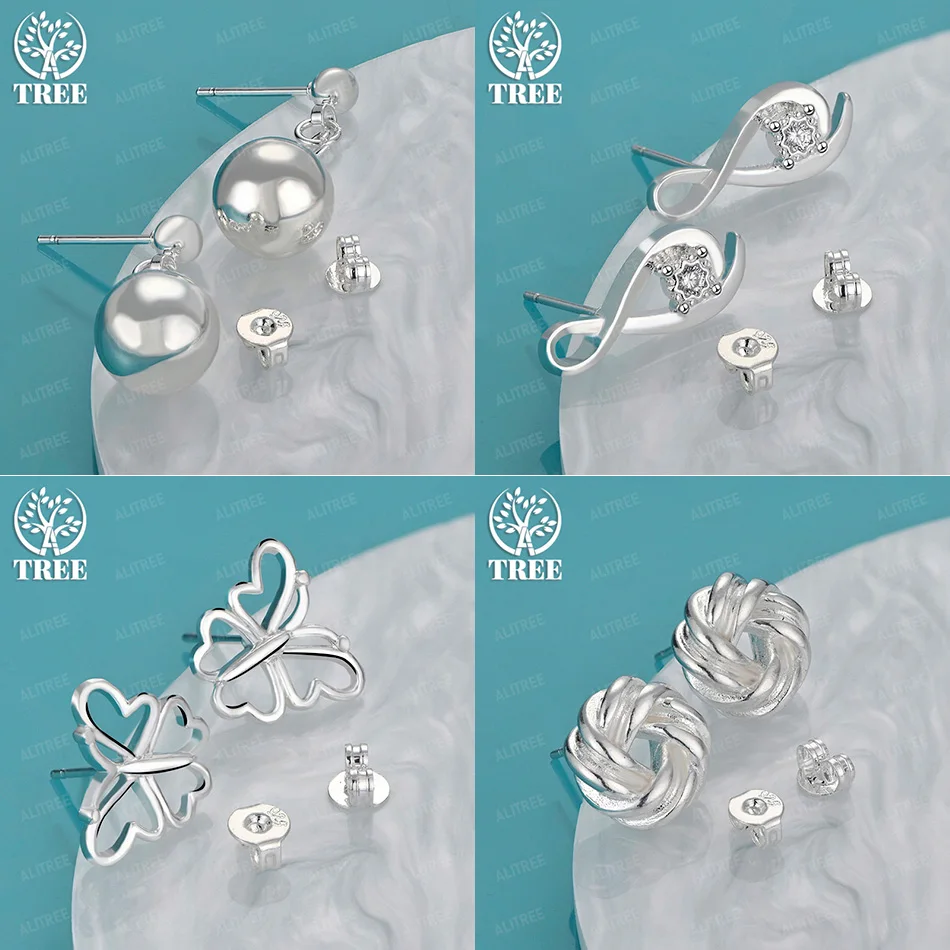 

925 Sterling Silver Round Butterfly Braided Stud Earring Classic Zircon Women Birthday Party Gift Fashion Jewelry Accessories