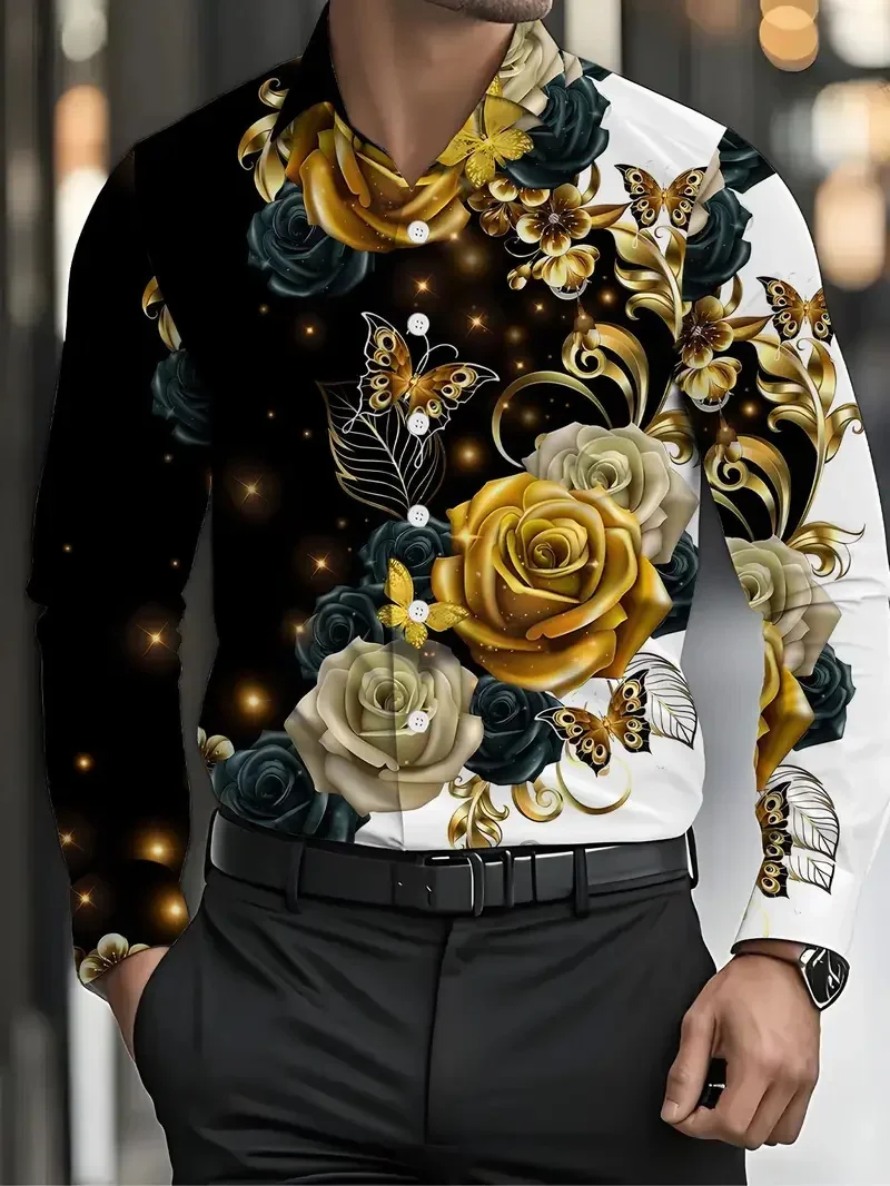 New Floral Casual Men's Long Sleeve Simple Business Party Shirt Outdoor Street Casual Four Seasons Long Sleeve Fashion Shirt