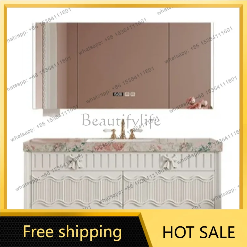 YJ Bathroom Cabinet Embossed Wavy Panel Vanity with Rare Floral Sintered Stone Top & Hidden Storage LED Side Light Mirror furnit