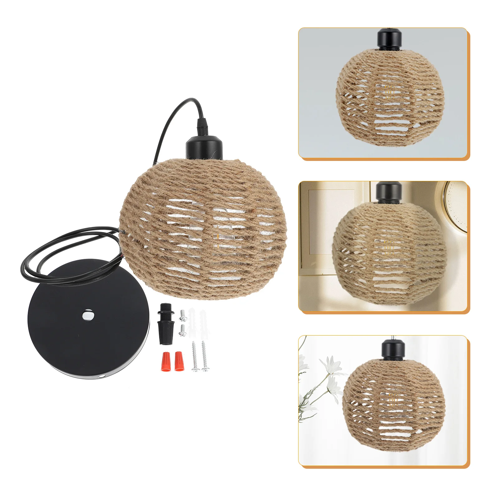

Hemp Rope Woven Lampshade Vintage Indoor Hanging Light Cover Decorative Table Lampshades Bulb Included Protect Gentle
