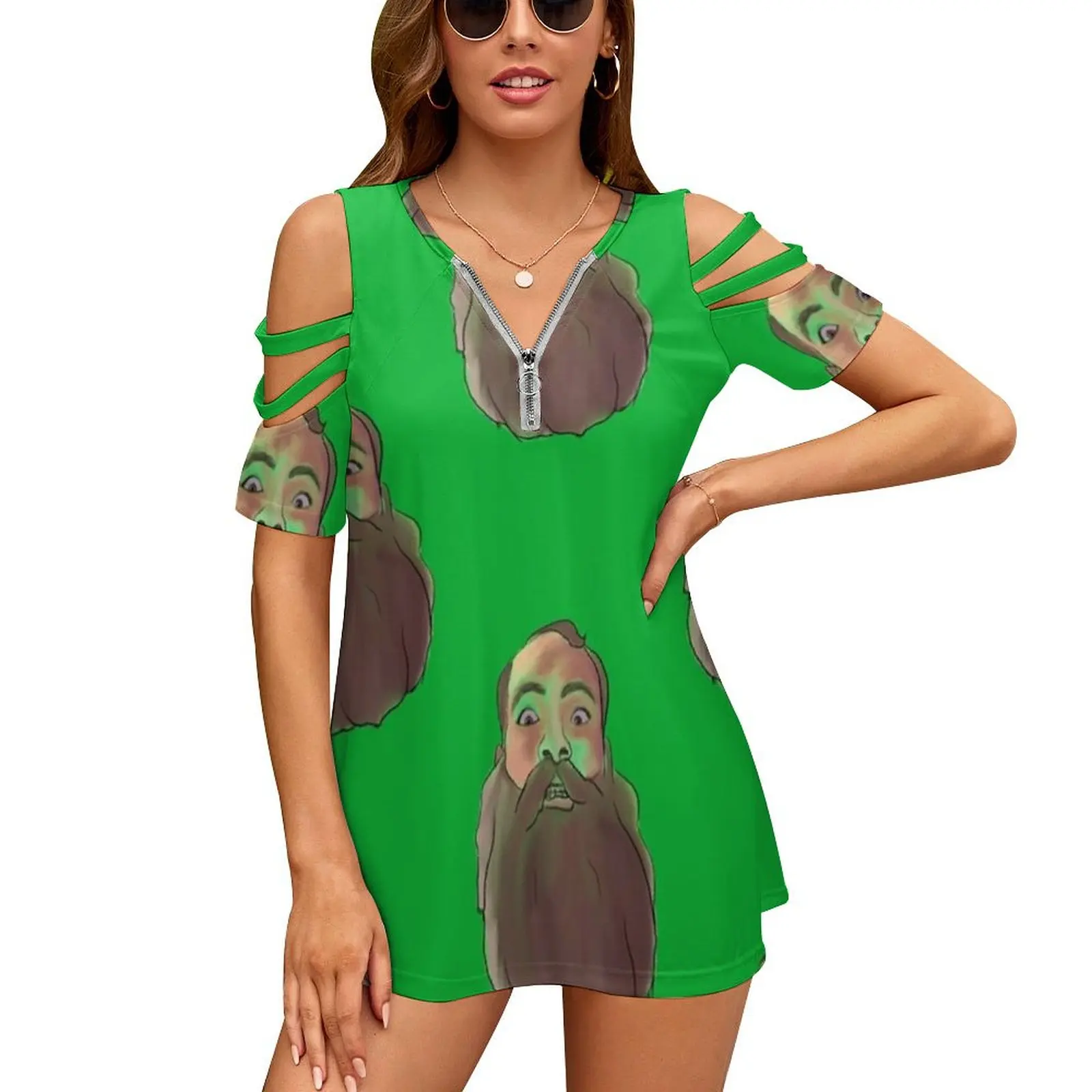 Preparty And His Beard Women's T-Shirt New Fashion Printed Zipper V-Neck Short Sleeve T Shirts Casual Plus Size Preparty Beard