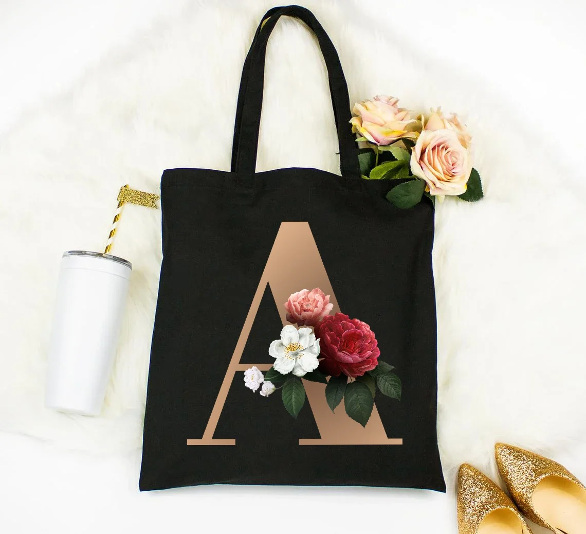 Rose Gold Alphabet Fashion Black Canvas Shopping Bag Reusable Shoulder Zipper Pouch Flowers Eco Tote Bag Wedding Party Gift