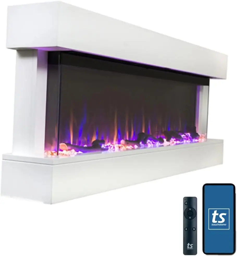 Chesmont Smart Electric Fireplace- Wall Hanging with 50-inch Wide White Mantle- Alexa®/WiFi Enabled-10 Color-1500/750