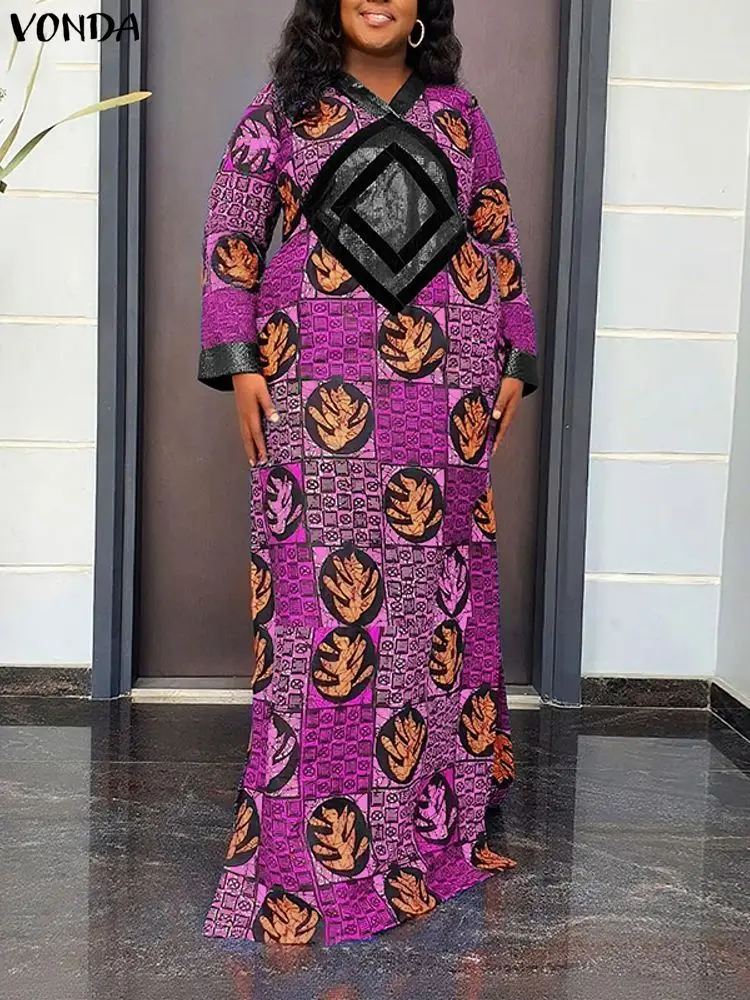 Vonda plus size 5xl vintage impressão vestidos femininos manga longa casual boêmio maxi vestido de verão moda com decote em v oversized festa robe