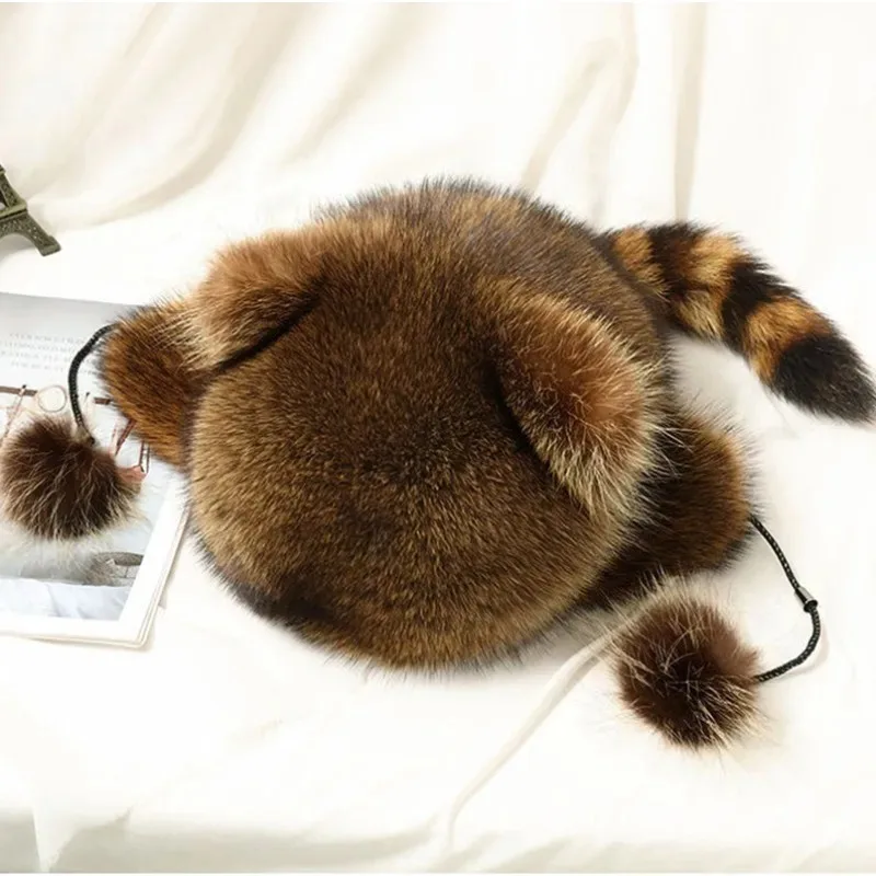 Trend Raccoon Fur Cap Tail Women Natural Raccoon Fur Caps Ushanka Hats for Winter Thick Warm Ears Fashion Bomber Pom Pom Hat New