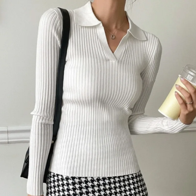 

POLO Collar Solid Color Knitted Pullover Sweater Women's Autumn and Winter Temperament Commuting Pit Strip Slim Bottoming Shirt