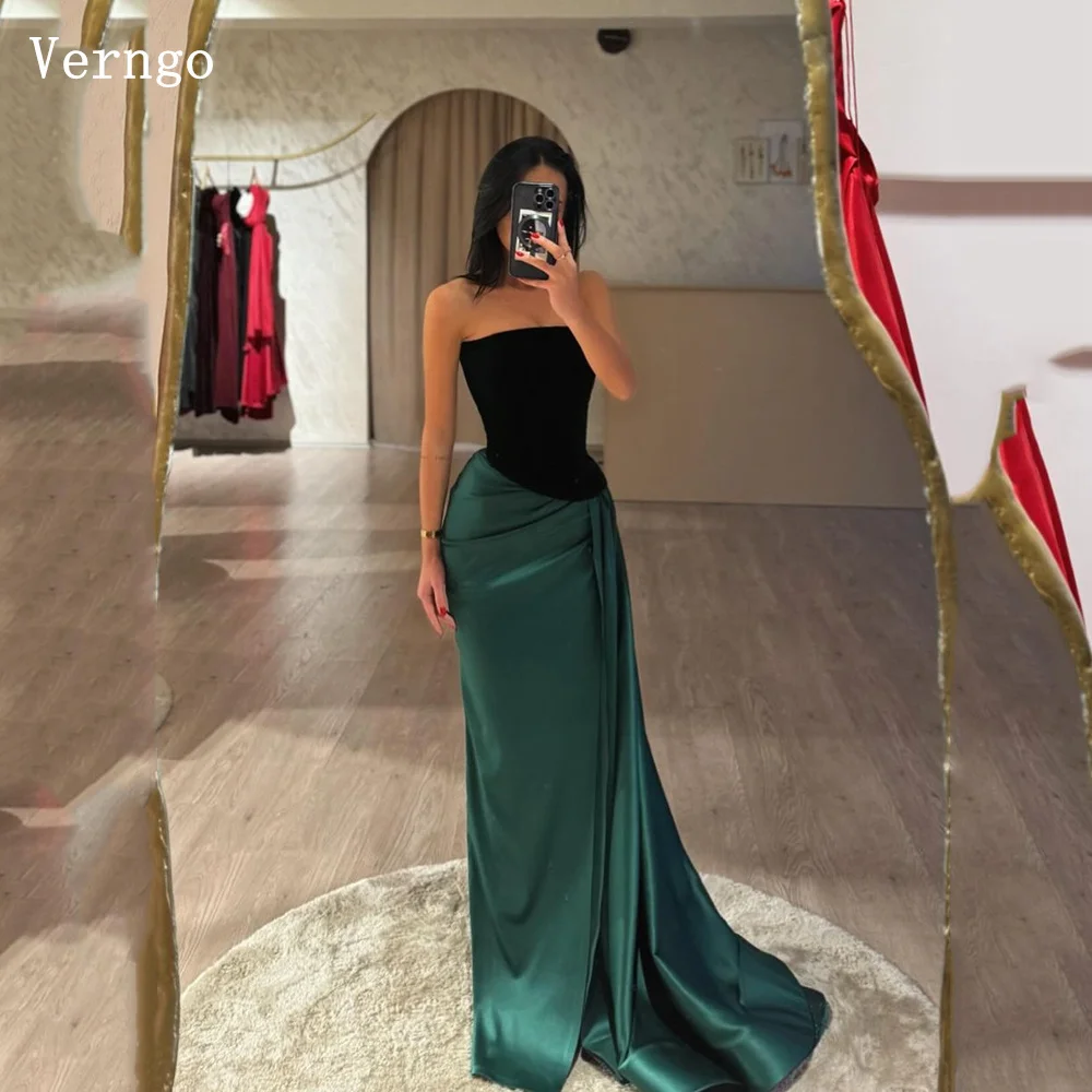 

Verngo Dark Green Velvet Prom Gowns Strapless Mermaid Simple Party Dresses Side Slit Slim Prom Evening Dress Customized