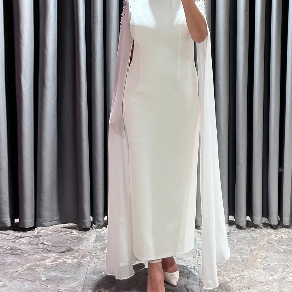 White Elegant Crew neck Straight Ankle Length Jersey Long Sleeves Crystal Zipper Back Evening Dress Bespoke Occasion Gowns