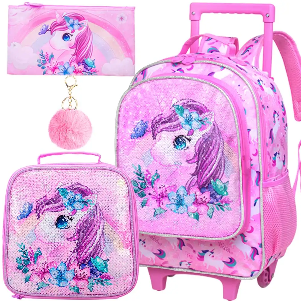 

3PCS Rolling Backpack for Girls and Boys， Kids Unicorn Dinosaur Wheeled Bookbag