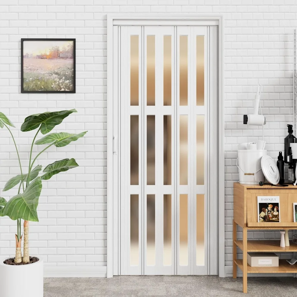 36x80 3-Lite Frosted Glass Accordion Door, Double Layer, with Handle