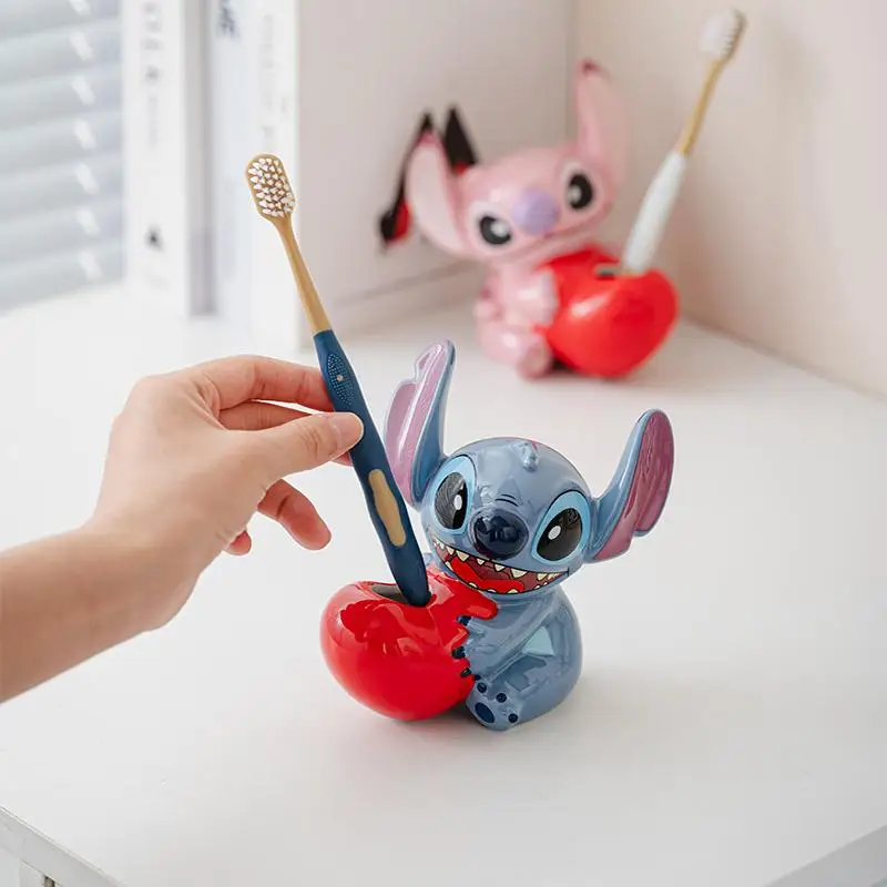 Soporte para cepillo de dientes de cerámica con dibujos de Ángel de Disney Stitch, soporte creativo para cepillo de dientes Kawaii, adorno de mesa, regalos de vacaciones