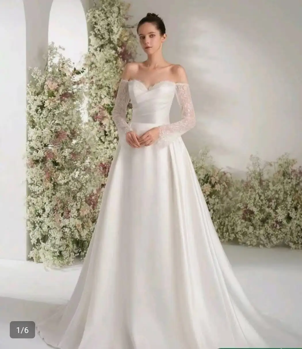 Luxury Satin A-Line Wedding Dress Off Shoulder Long Lace Sleeves Sweetheart Bridal Gown Lace Up Back CustomMade Vestido De Novia