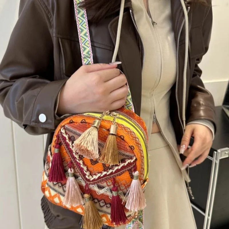 Women Bohemian Style Mini Backpack Geometric Weave With Tassels Lightweight Convertible Crossbody Bag For Everyday Vacation - view 4
