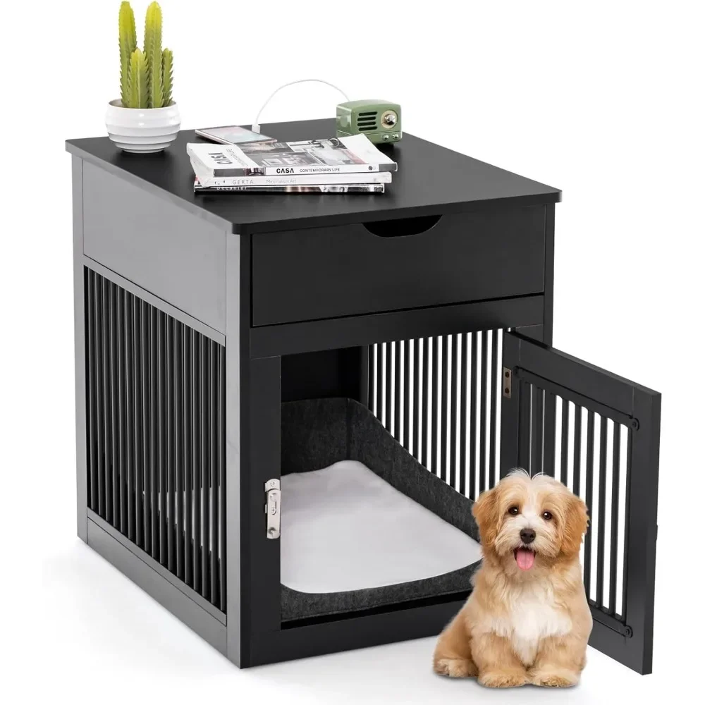 Furniture Style Dog Crate, Decorative Dog Kennel End Table with USB & Wireless Charging Station, Storage Drawer, Indoor