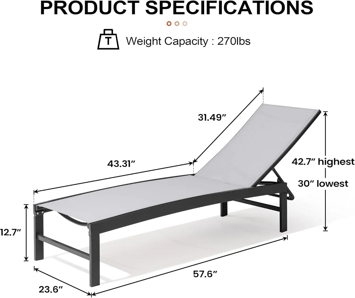 Crestlive Products Aluminum Adjustable Chaise Lounge Chair Outdoor Five-Position Recliner, Curved Design, All Weather For